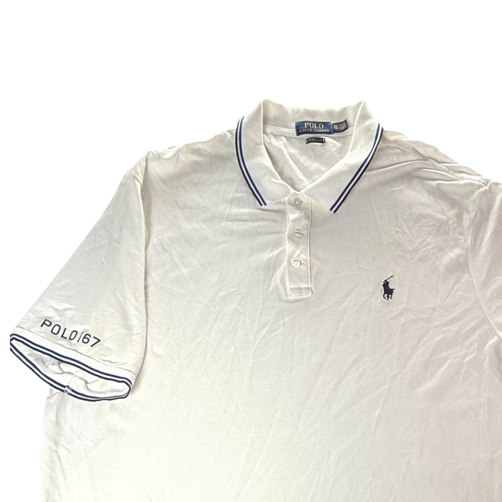 Polo Ralph Lauren White Blue Tipped Rubberized Logo Pony Polo Shirt Mens 2XL